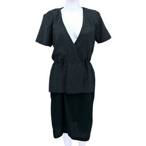 Vintage 80s Peplum Midi Polka Dot Dress Black